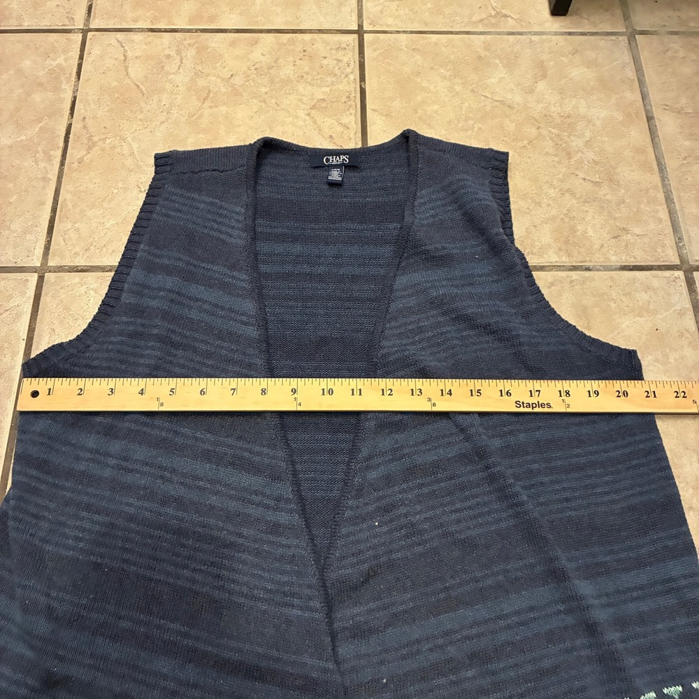 Chaps Cardigan Knit Vest Womens Large G Open Front Geometric Aztec Navy Blue
